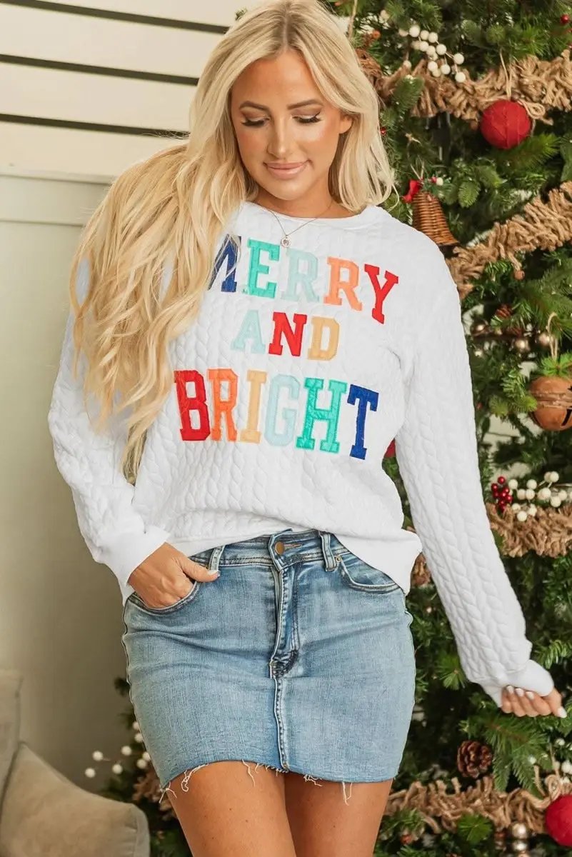 White Merry And Bright Cable Knit Pullover Sweatshirt - Love Salve